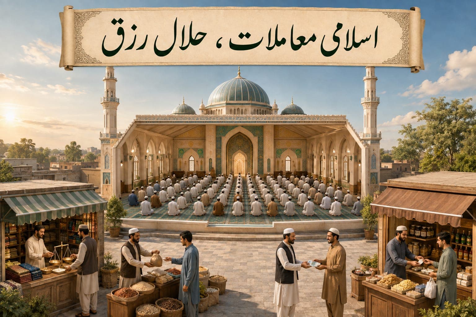 A mosque and marketplace illustrating worship, fair weights and halal livelihood.