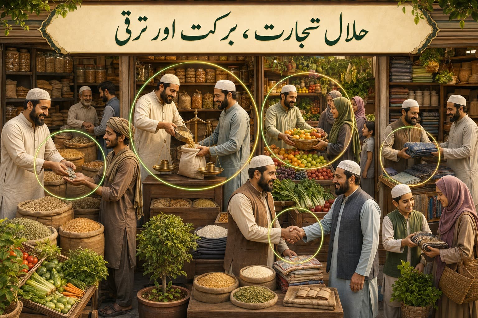 Merchants and families practise fair trade and trustworthy exchanges in a marketplace.